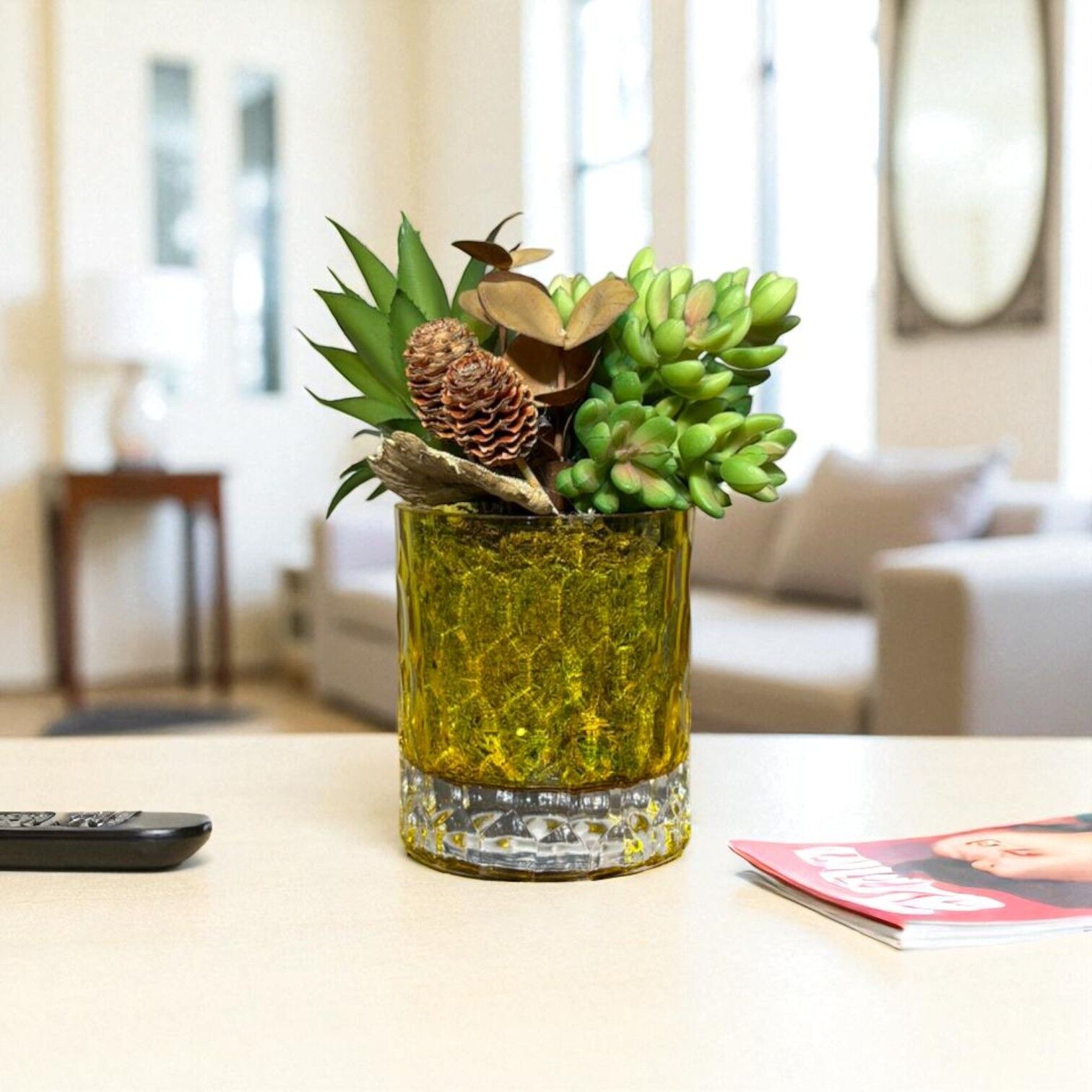 Çakıl Desen Cam Saksılı Sukulent Mini - Sarı