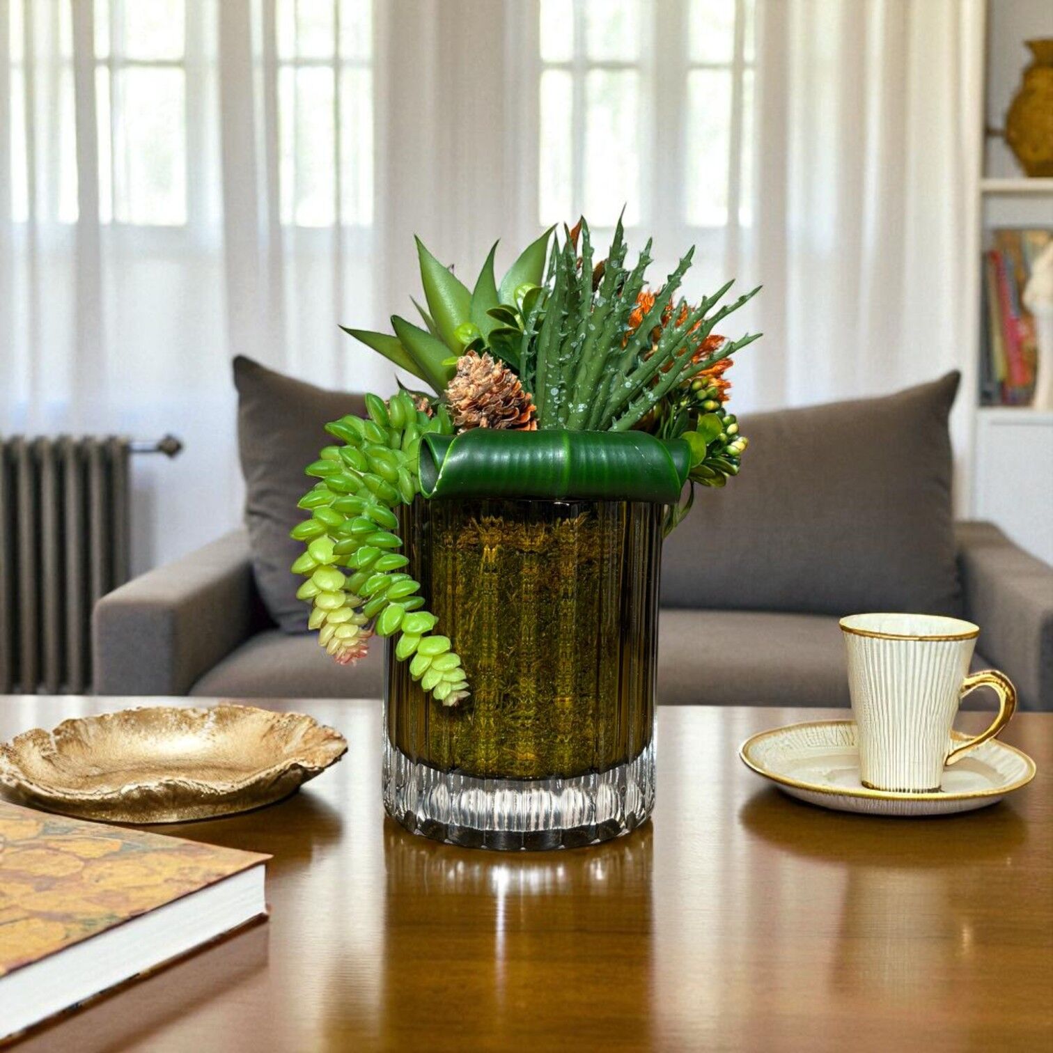 Çizgi Desen Cam Saksılı Sukulent Mini - Yağ Yeşil