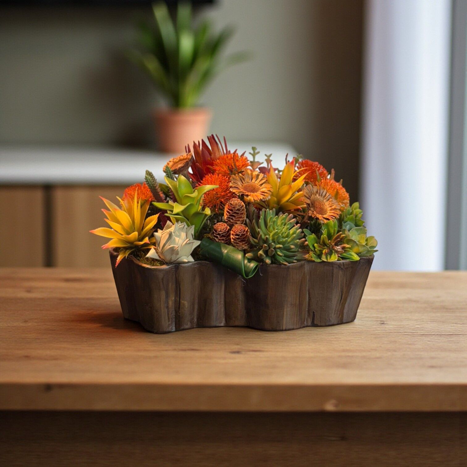 Çizgili Seramik Saksı Sukulent - Kahverengi