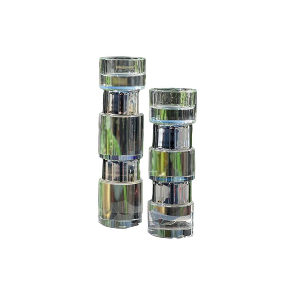 Metal Detaylı Silindir Şamdan - Gümüş