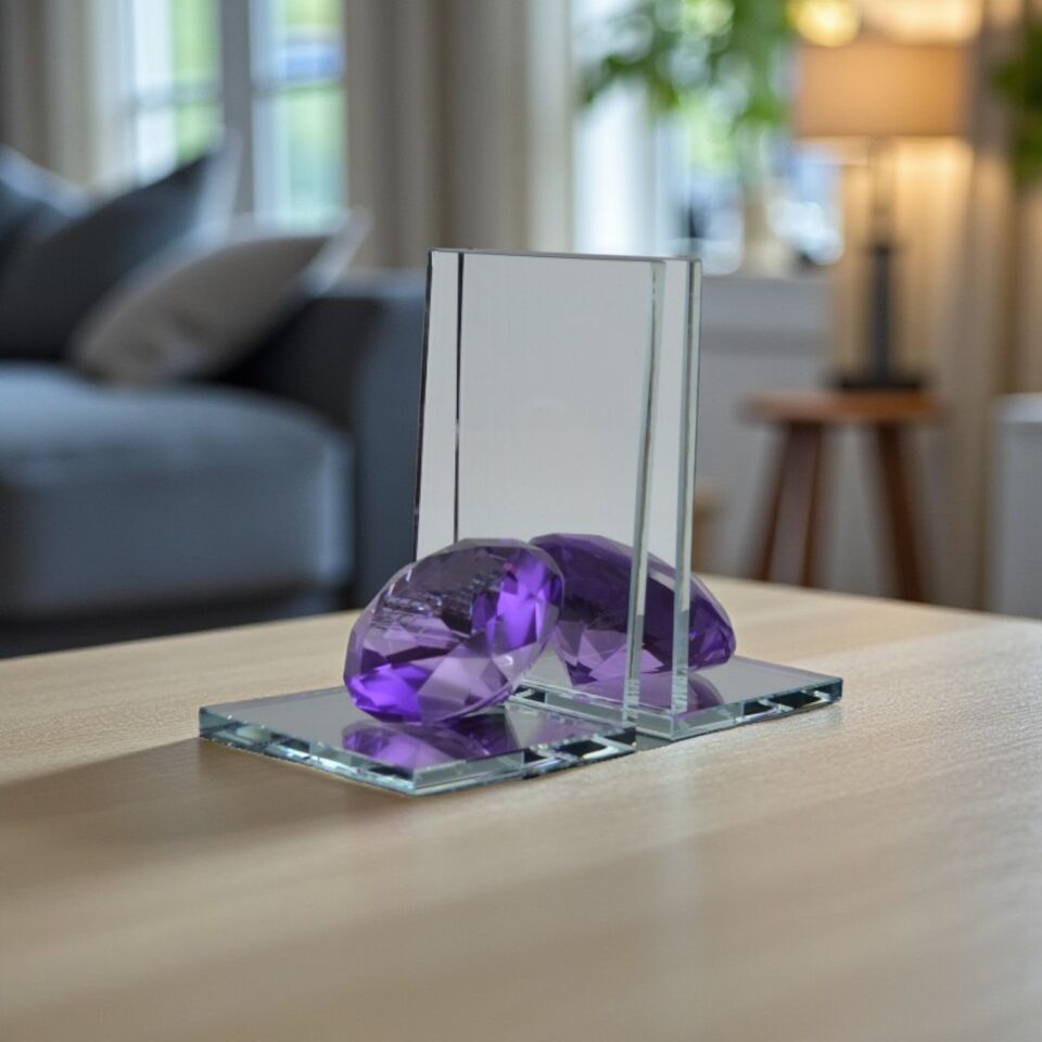 L Elmas Kitap Tutucu Şeffaf Cam - Mor