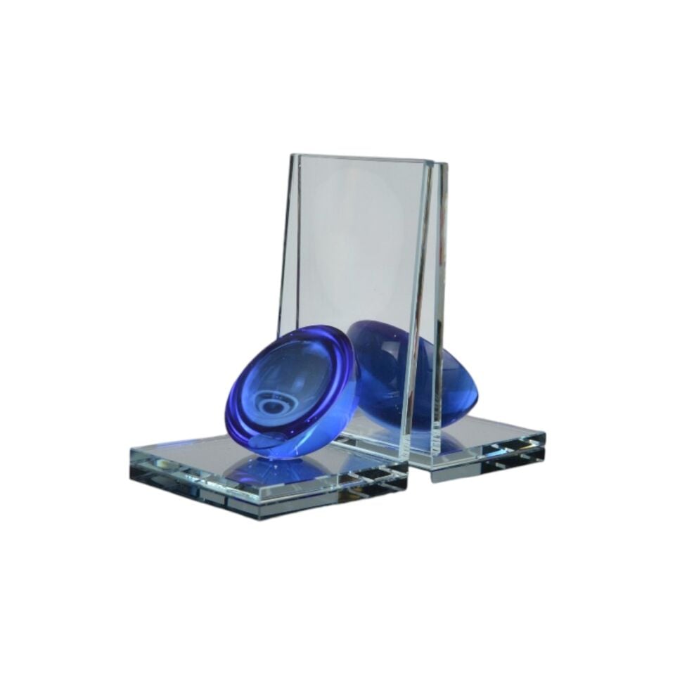 L Yarım Küre Kitap Tutucu Şeffaf Cam - Mavi