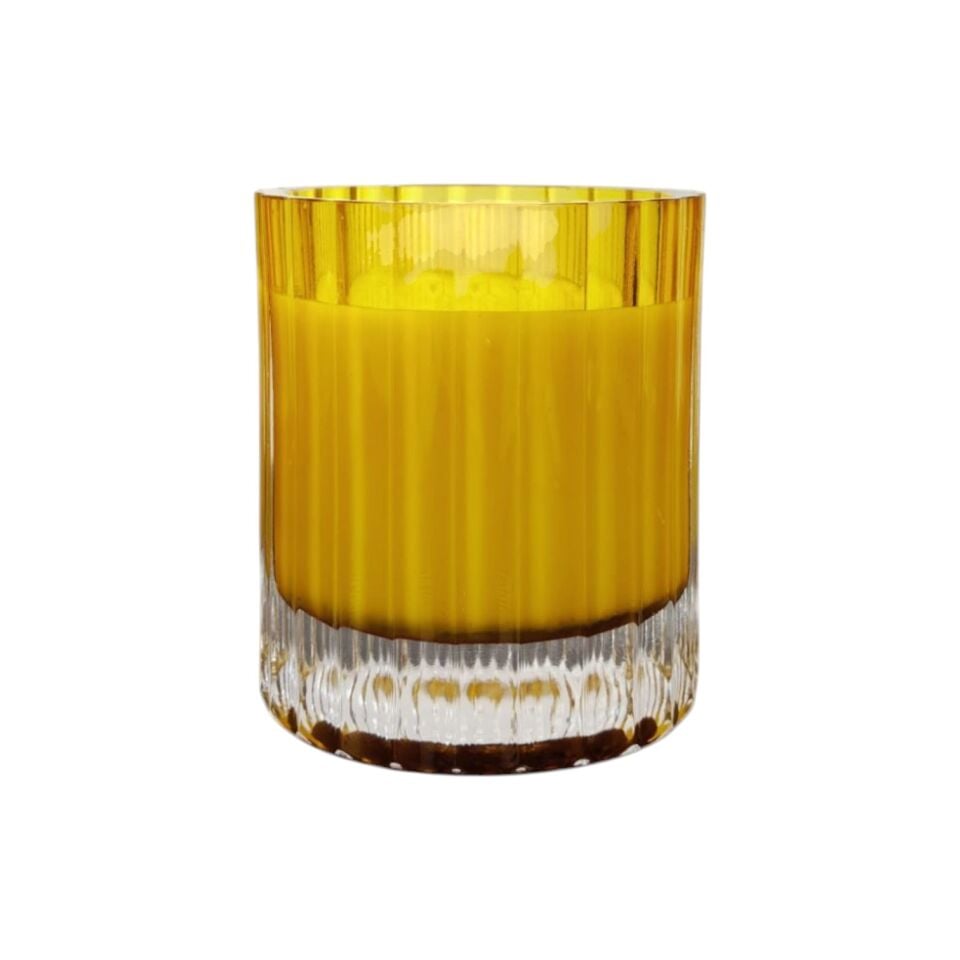 Çizgi Desen Cam Bardak Mum - Sarı