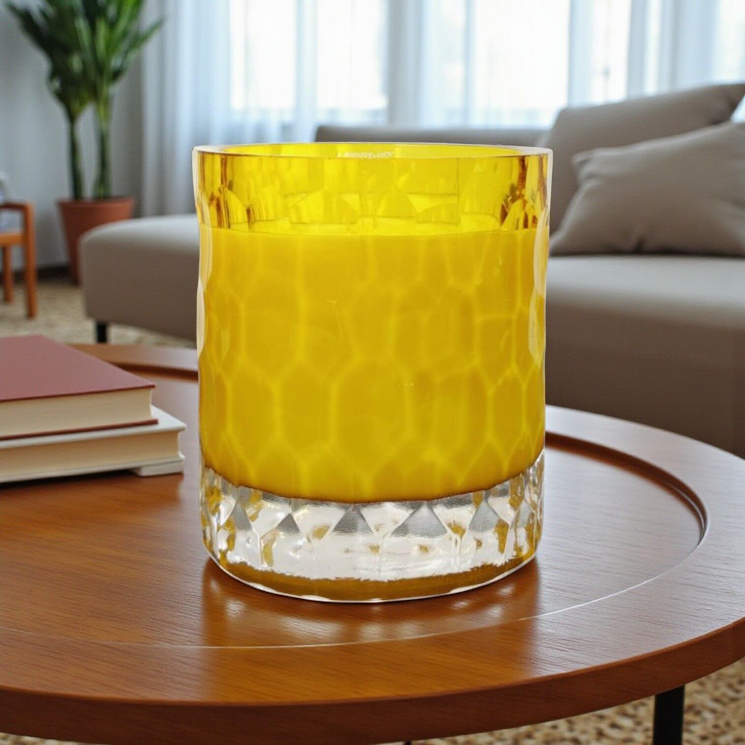 Çakıl Desen Cam Bardak Mum - Sarı