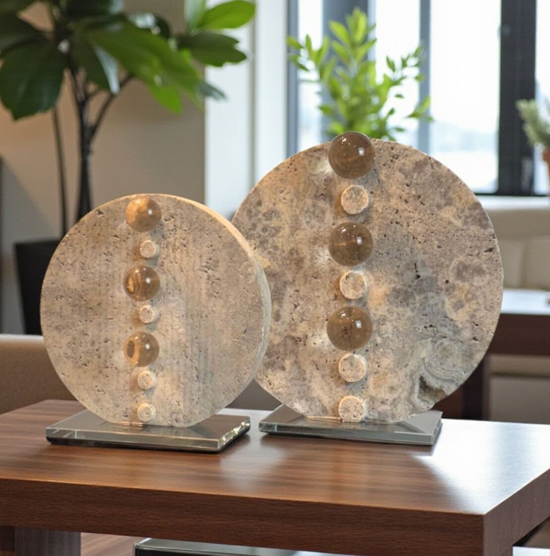 Kristal Detaylı Düğme Traverten Takım