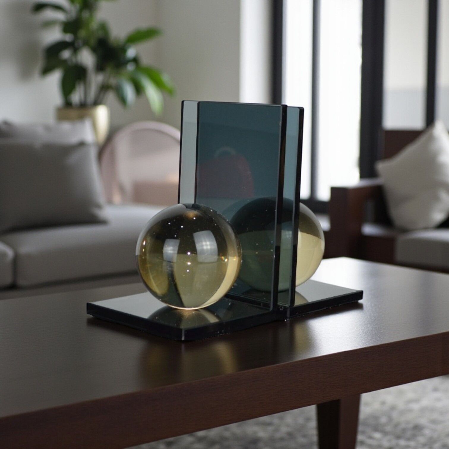 L Küre Kitap Tutucu Füme Cam - Şampanya