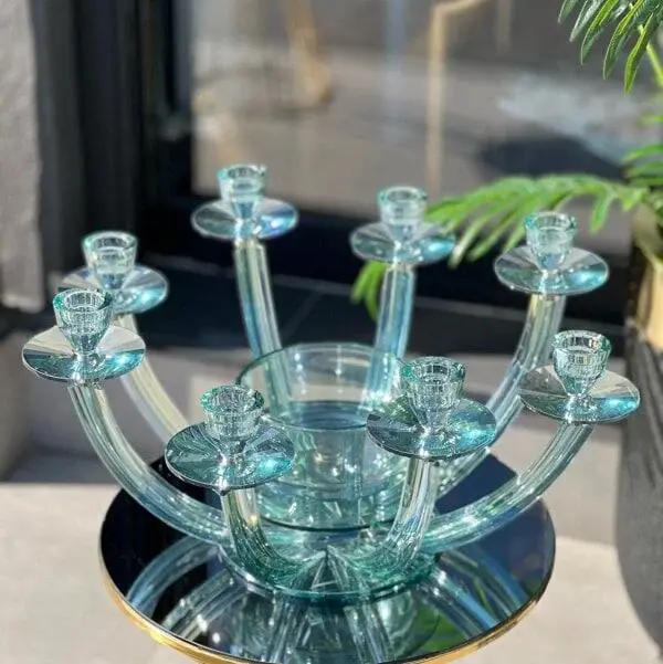 8 Kollu Kristal Şamdan - Su Yeşili