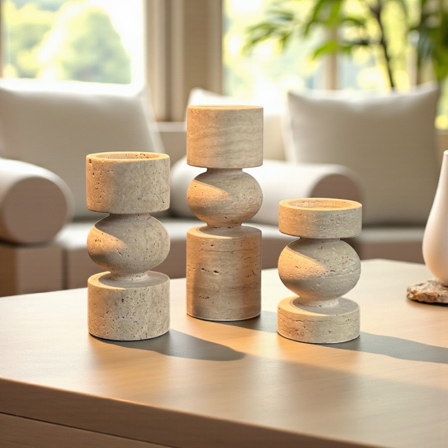 3´lüTraverten Silindir Şamdan Set